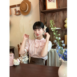 honeyrubao甜心波波蝴蝶結少女心泡泡袖短袖襯衫上衣