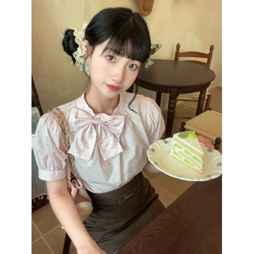 honeyrubao甜心波波蝴蝶結少女心泡泡袖短袖襯衫上衣