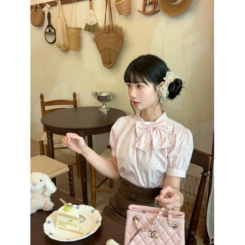 honeyrubao甜心波波蝴蝶結少女心泡泡袖短袖襯衫上衣