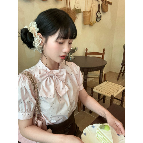 honeyrubao甜心波波蝴蝶結少女心泡泡袖短袖襯衫上衣