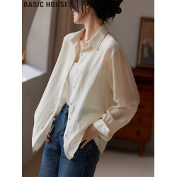 Basic House/百家好白色萊賽爾冰絲寬松輕薄防曬襯衫女夏2025新款