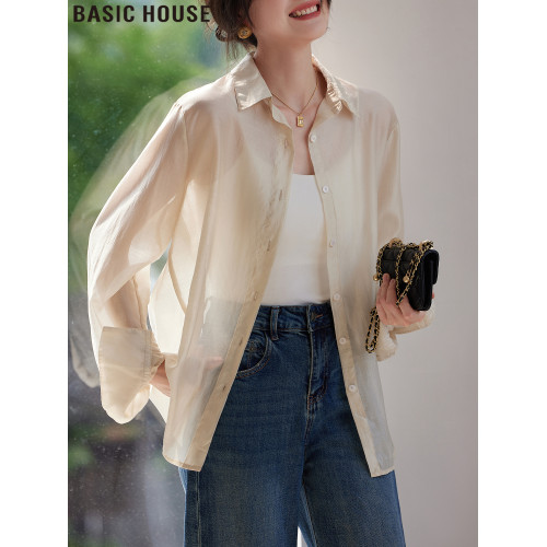 Basic House/百家好白色萊賽爾冰絲寬松輕薄防曬襯衫女夏2025新款