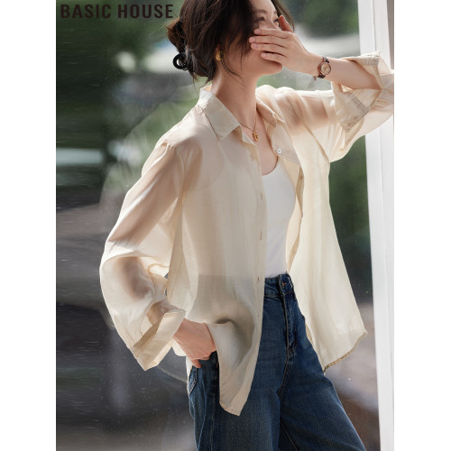 Basic House/百家好白色萊賽爾冰絲寬松輕薄防曬襯衫女夏2025新款
