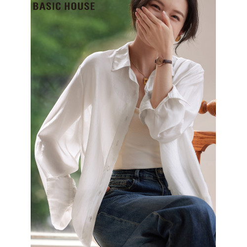 Basic House/百家好白色萊賽爾冰絲寬松輕薄防曬襯衫女夏2025新款
