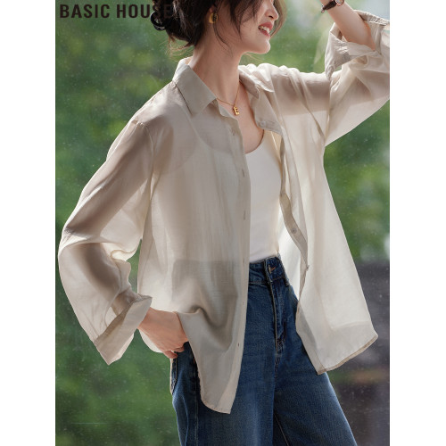 Basic House/百家好白色萊賽爾冰絲寬松輕薄防曬襯衫女夏2025新款