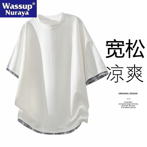 WASSUP Nuraya潮牌夏季假兩件短袖T恤男寬松休閒冰絲體恤上衣t恤
