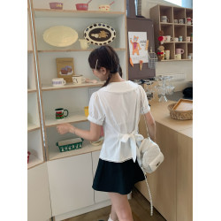 YUEER 娃娃領短袖襯衫女泡泡袖系帶收腰白襯衫Jennie同款夏季上衣