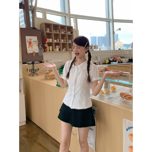 YUEER 娃娃領短袖襯衫女泡泡袖系帶收腰白襯衫Jennie同款夏季上衣