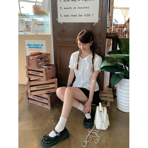 YUEER 娃娃領短袖襯衫女泡泡袖系帶收腰白襯衫Jennie同款夏季上衣