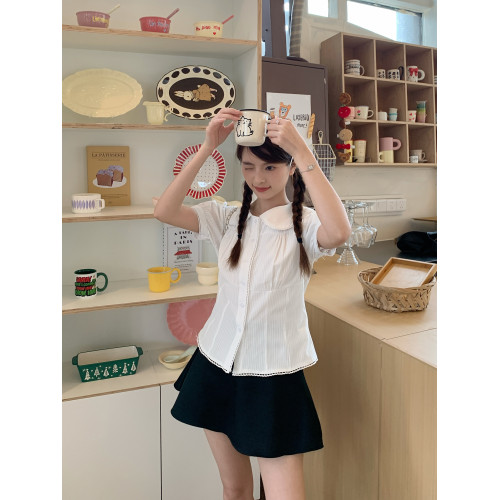 YUEER 娃娃領短袖襯衫女泡泡袖系帶收腰白襯衫Jennie同款夏季上衣