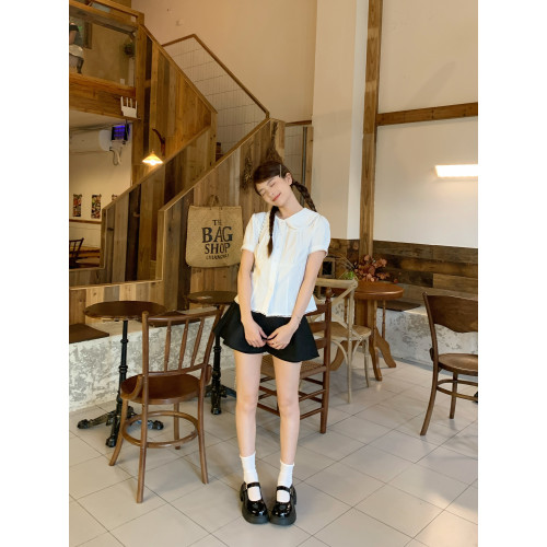 YUEER 娃娃領短袖襯衫女泡泡袖系帶收腰白襯衫Jennie同款夏季上衣