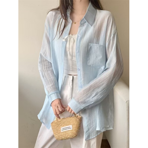 薄款防曬襯衫女夏季新款襯衣開衫外套小個子法式天絲褶皺外搭上衣