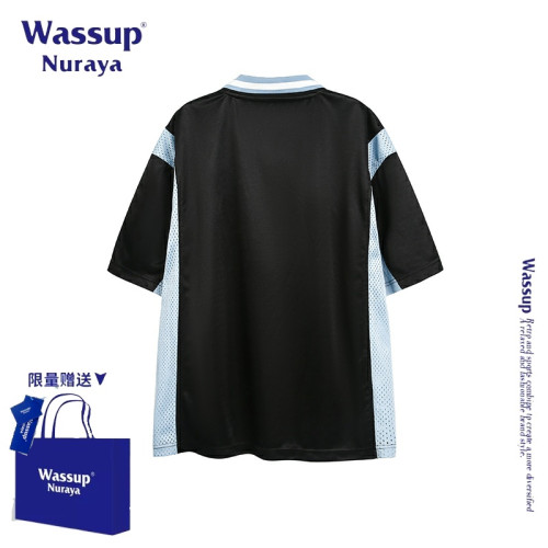 WASSUP NURAYA美式運動風v領球衣棒球服短袖男女夏季新款拼接上衣