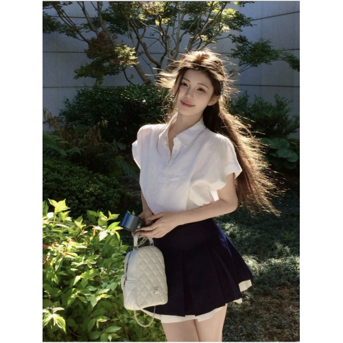 高腰百褶短裙女小個子夏季白色短袖襯衫獨特漂亮miu系學院風套裝