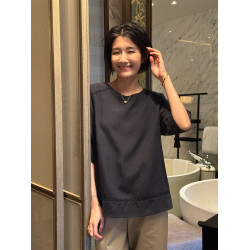 周浪清藏青色亞麻短袖t恤女款2025新款夏萊賽爾天絲寬松圓領上衣