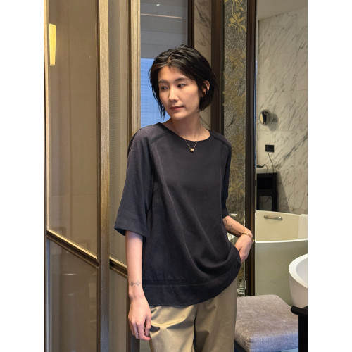周浪清藏青色亞麻短袖t恤女款2025新款夏萊賽爾天絲寬松圓領上衣