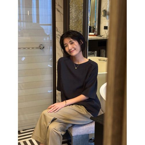 周浪清藏青色亞麻短袖t恤女款2025新款夏萊賽爾天絲寬松圓領上衣