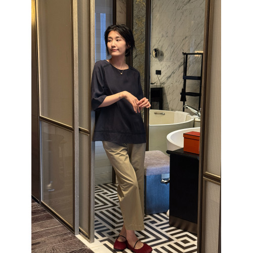 周浪清藏青色亞麻短袖t恤女款2025新款夏萊賽爾天絲寬松圓領上衣