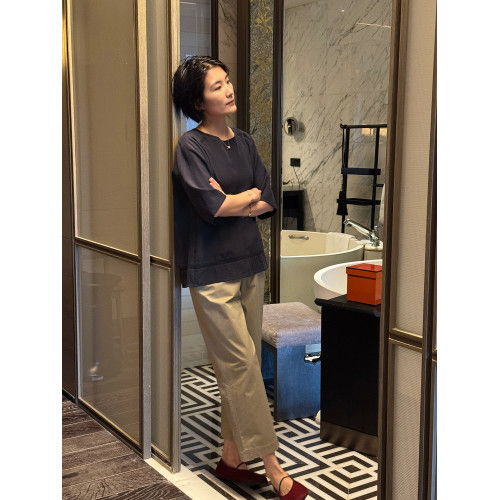 周浪清藏青色亞麻短袖t恤女款2025新款夏萊賽爾天絲寬松圓領上衣