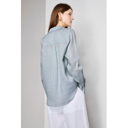 U.N.Q 清透之美~空氣感100%苧麻寬鬆繙領純色休閒落肩長袖襯衫女