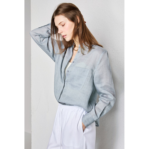 U.N.Q 清透之美~空氣感100%苧麻寬鬆繙領純色休閒落肩長袖襯衫女