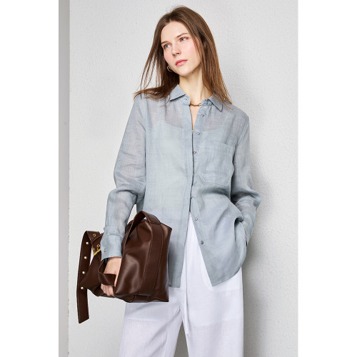 U.N.Q 清透之美~空氣感100%苧麻寬鬆繙領純色休閒落肩長袖襯衫女