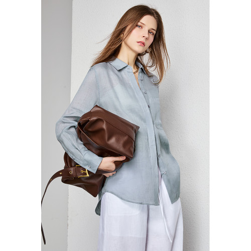 U.N.Q 清透之美~空氣感100%苧麻寬鬆繙領純色休閒落肩長袖襯衫女