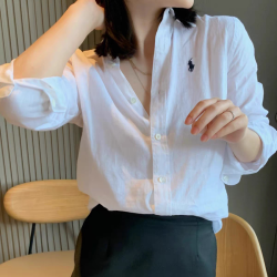 歐洲站潮牌輕奢高級感白色棉麻襯衫女外穿POLO襯衣老錢風防曬上衣
