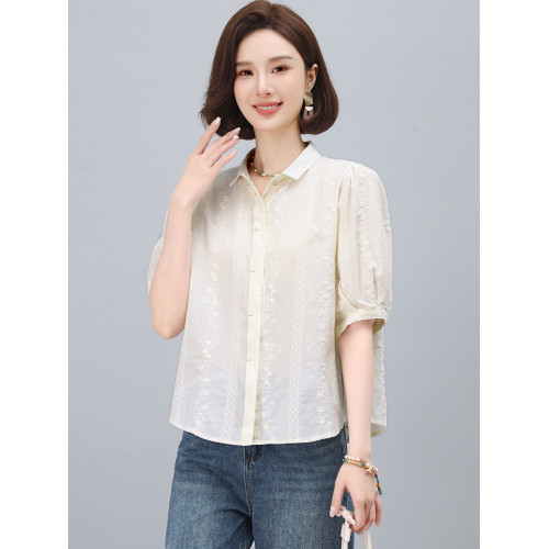 全棉襯衫女短袖夏季2025新款獨特獨特超好看單穿小衫媽媽刺綉上衣