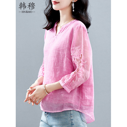 媽媽氣質女士上衣2025夏季新款時尚苧麻寬松洋氣輕奢高級感襯衫女