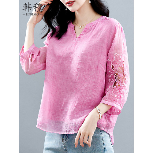 媽媽氣質女士上衣2025夏季新款時尚苧麻寬松洋氣輕奢高級感襯衫女