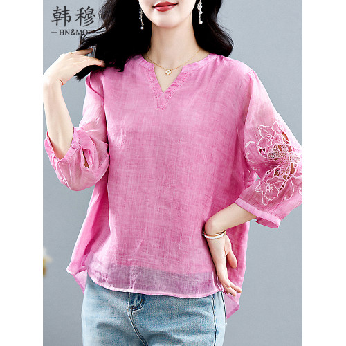 媽媽氣質女士上衣2025夏季新款時尚苧麻寬松洋氣輕奢高級感襯衫女