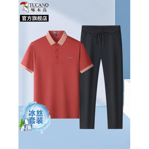 啄木鳥夏季桑蠶絲短袖POLO衫+冰絲直筒休閒褲子中年男士T恤套裝H