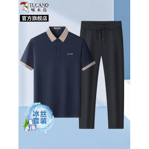 啄木鳥夏季桑蠶絲短袖POLO衫+冰絲直筒休閒褲子中年男士T恤套裝H