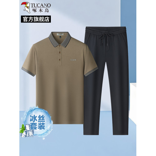 啄木鳥夏季桑蠶絲短袖POLO衫+冰絲直筒休閒褲子中年男士T恤套裝H