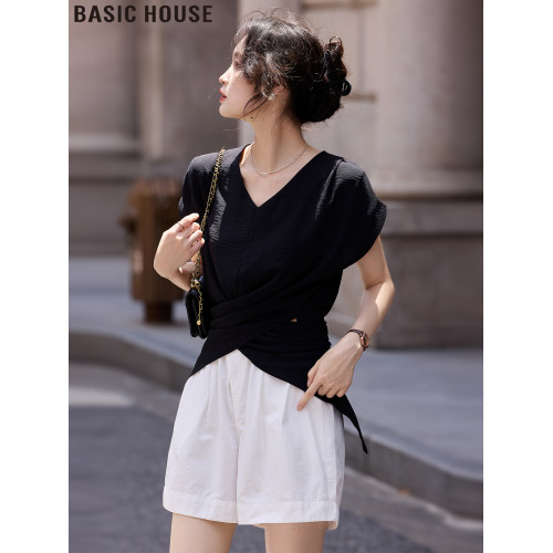 Basic House/百家好法式V領無袖收腰襯衫氣質絕美小衫女2025夏季