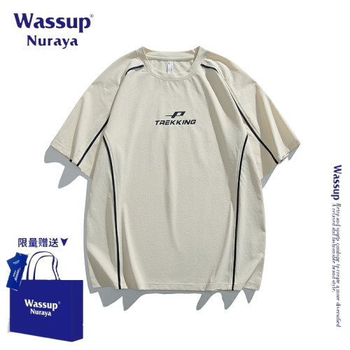 WASSUP NURAYA美式復古解搆拼接T恤衫男款夏季寬松休閒短袖上衣