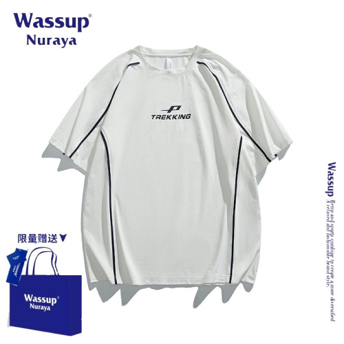 WASSUP NURAYA美式復古解搆拼接T恤衫男款夏季寬松休閒短袖上衣