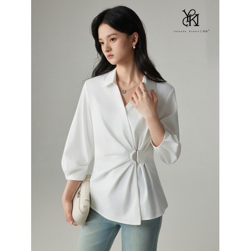 「婭可家」冷萃茉莉 設計感解搆白襯衫女夏季V領收腰褶皺通勤襯衣