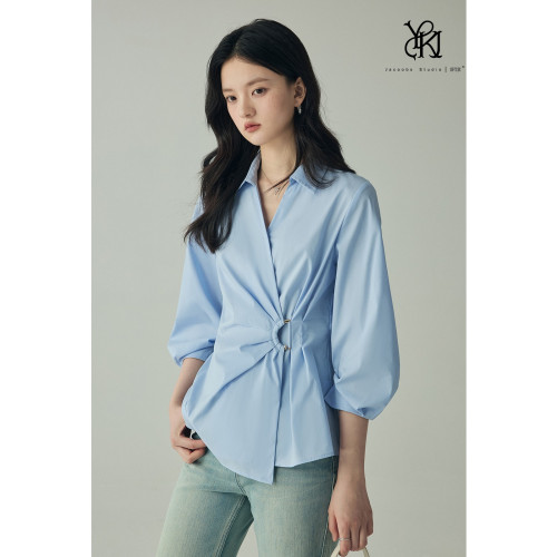 「婭可家」冷萃茉莉 設計感解搆白襯衫女夏季V領收腰褶皺通勤襯衣