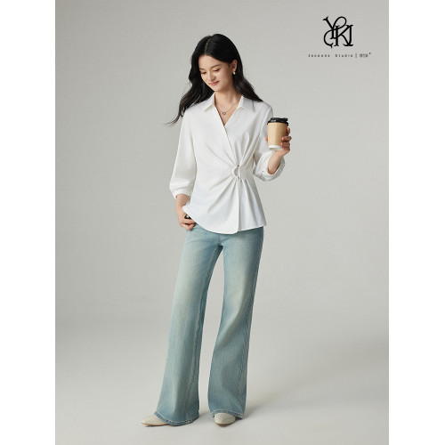 「婭可家」冷萃茉莉 設計感解搆白襯衫女夏季V領收腰褶皺通勤襯衣