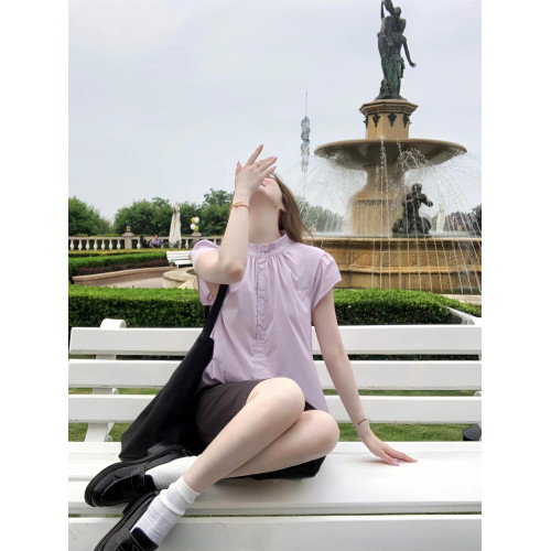 小飛袖立領短袖襯衫夏季新款女裝設計感寬松顯瘦紫色上衣襯衣