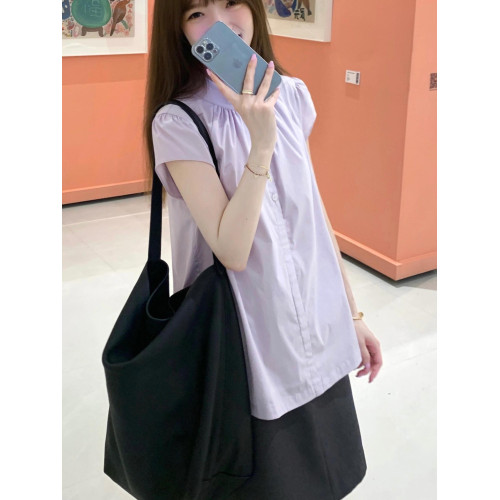 小飛袖立領短袖襯衫夏季新款女裝設計感寬松顯瘦紫色上衣襯衣