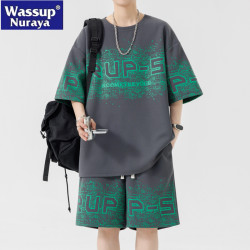 WASSUP NURAYA冰絲夏季薄款短袖短褲青年寬松大碼兩件休閒套裝男