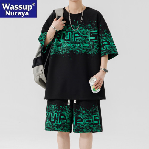 WASSUP NURAYA冰絲夏季薄款短袖短褲青年寬松大碼兩件休閒套裝男