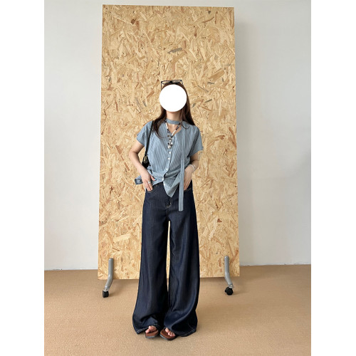 fuccykee藍色條紋短袖襯衫女夏季新款設計感小衆飄帶v領韓系上衣