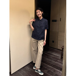 周浪清藏青色亞麻短袖襯衫女夏季2025新款小個子休閒寬松薄款襯衣