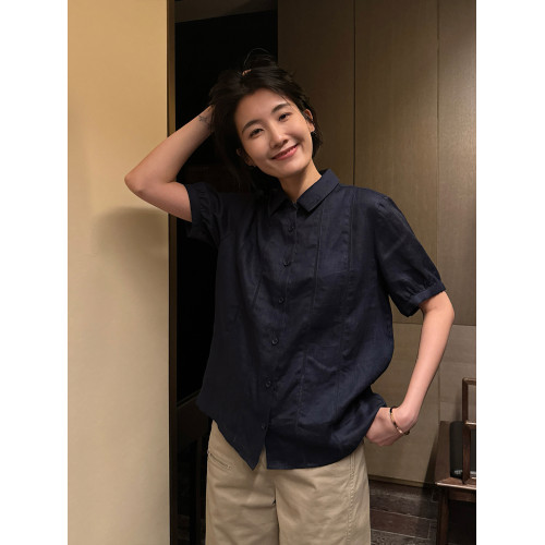 周浪清藏青色亞麻短袖襯衫女夏季2025新款小個子休閒寬松薄款襯衣