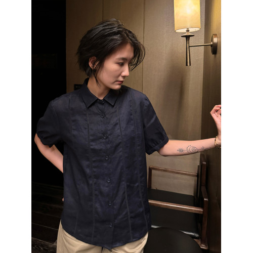 周浪清藏青色亞麻短袖襯衫女夏季2025新款小個子休閒寬松薄款襯衣