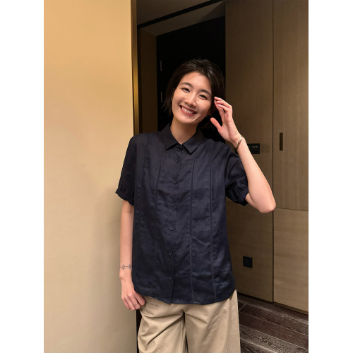 周浪清藏青色亞麻短袖襯衫女夏季2025新款小個子休閒寬松薄款襯衣